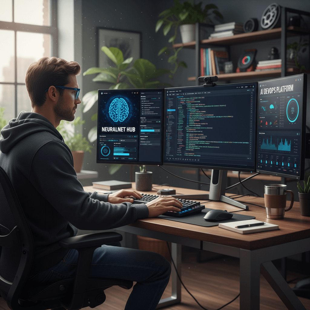Professional developer working on AI software at modern tech workspace with monitors