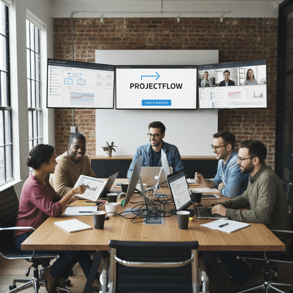 Team collaborating on digital tools with productivity software displayed on screens