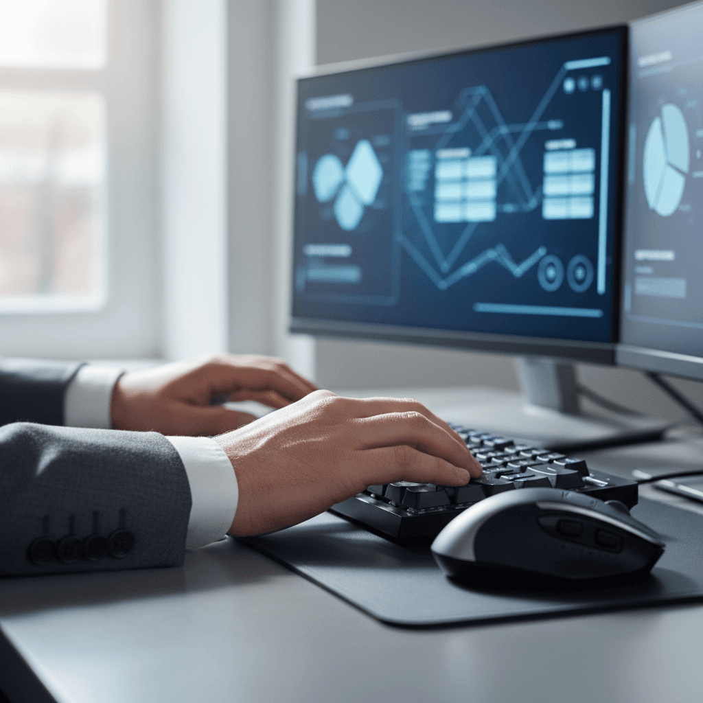 Entrepreneur working on laptop in bright Toronto office space with window light