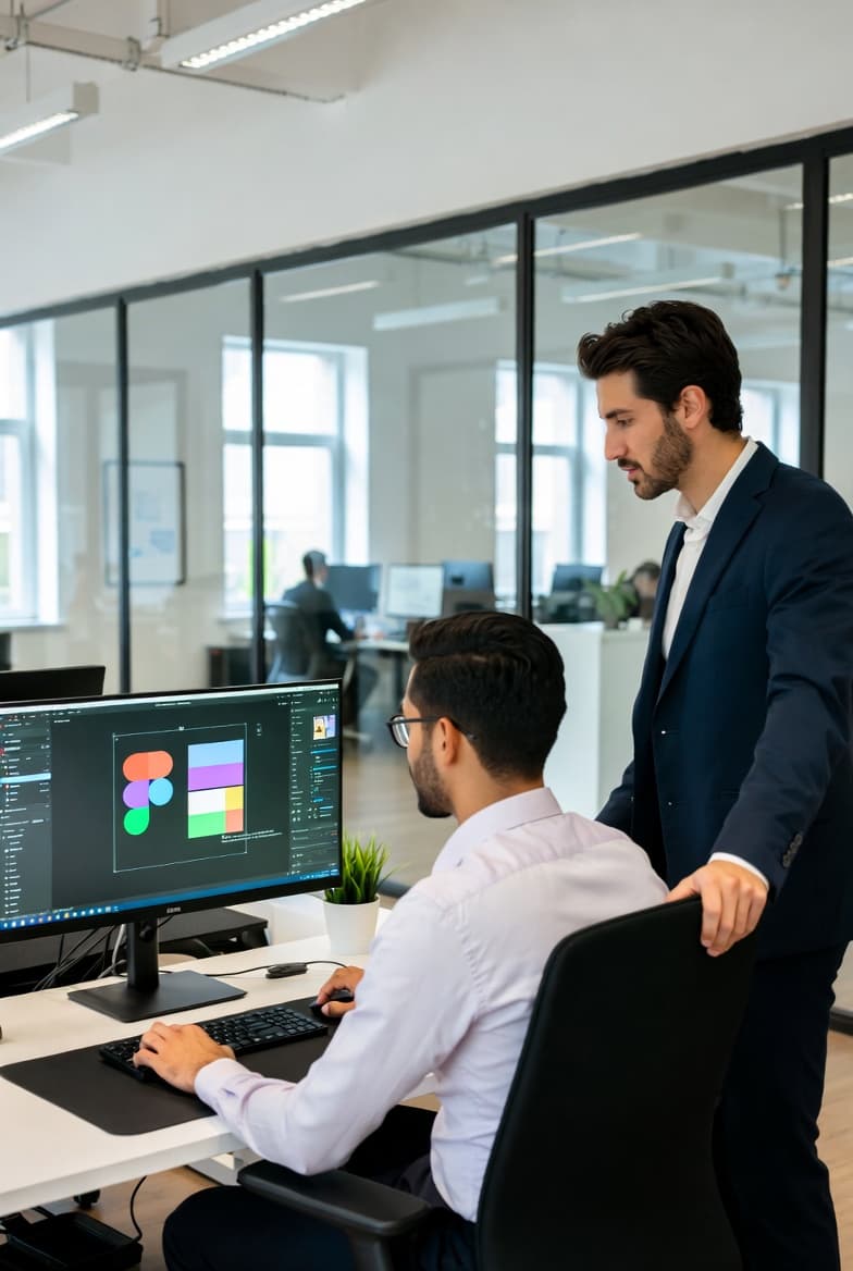Two professional men collaborating on a graphic design project at a computer workstation.